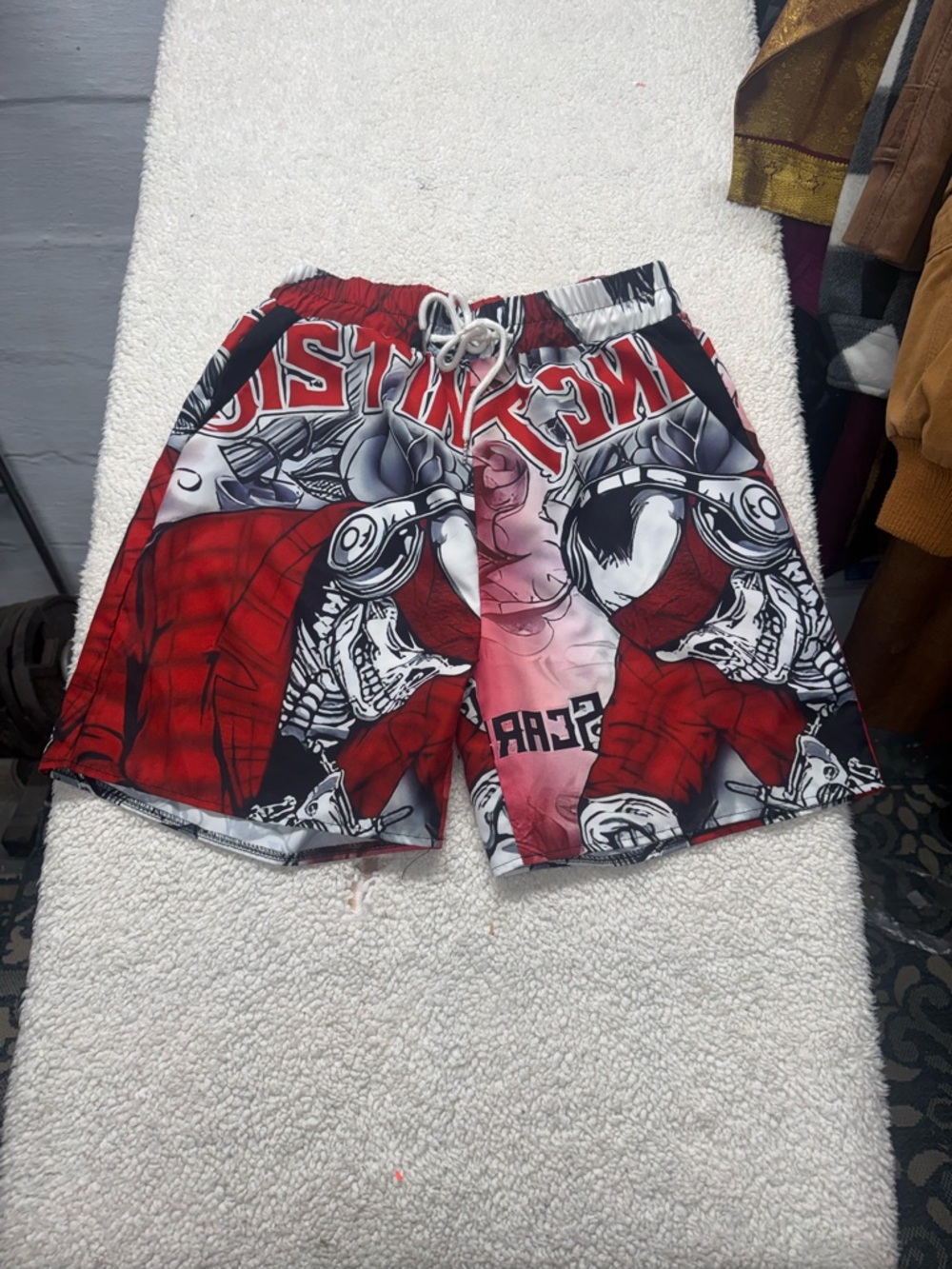 Romwe, Distinct skeleton with headphones Men's Red unlined Swim Trunks Sz Med